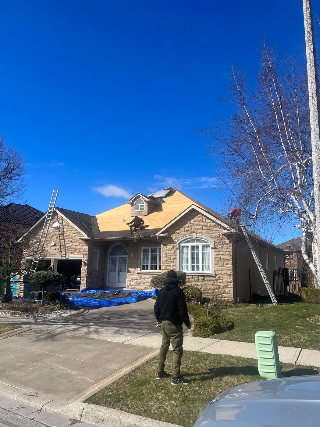 A Viktor Roofing job in progress: a stone bungalow stripped to bare decking with two ladders up, blue tarps across the driveway and a roofer working on the slope.
